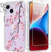 bicol for iPhone 14 Plus Case with Screen and Camera Lens Protector - Fashionable Flower Floral Designs for Women Girls - Shockproof Acrylic Clear Phone Cover 6.7"- Blooming Cherry
