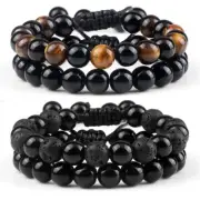 2Pcs/set Men Beaded Bracelets Tiger Eye Lava Natural Stone Onyx Beaded Bangles