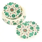Indian Marble Coaster Set | Malachite Inlay Drink Coasters | 4.5 Inches Cupmats