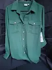New Directions Womens Button Up Blouse Green With Brown Ombre Buttons. Long...