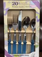 Master Chef 20 Piece Premium Stainless Steel Flatware Vintage 1996 Blue Plastic