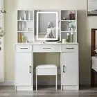 Dressing Table Stool Set with Sliding Makeup Mirror Vanity Make up Desk White