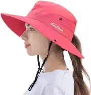 Tutuko Womens Wide Brim Sun Hats Foldable UV Protection Beach 7 1/2, Pure Red