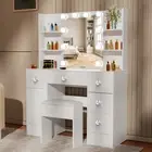 White Vanity Dressing Table with 10 LED Light Mirror Stool Shelves 4 Drawers AU
