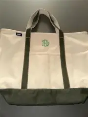 Lands End Large Zip Top Canvas Tote Bag Green Embroidered MONOGRAM "JBL" NEW