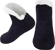 [Risipu] Slipper Socks for Women Man Ladies Girls Warm Winter Non-Slip Socks Knitted Thick Fluffy Socks with Grippers, Black, Small Wide