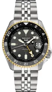 Seiko Men's 5 Automatic GMT Steel Band Black Dial Gold Bezel Watch SSK021