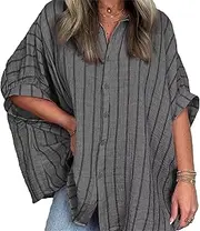 [Zylphorix] Women Striped Printed Loose Casual Shirt Single Breasted Button Lapel Blouse Summer Solid Fashion Pullover Tops