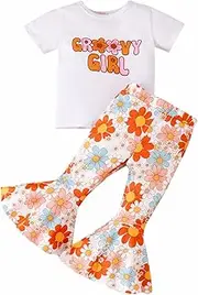 [Generic] Toddler Girls Short Sleeve Letter T Shirt Pullover Tops Bell Bottoms Pants Kids Outfits Cute Baby Girl Outfit (White, 6-12 Months)