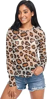 [RPLIFE] Leopard Print Beige Mesh Shirt Women Long Sleeve, Long Sleeve See Through Top S-XXL