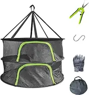 YOUSHENGER Herb Drying Rack 2Layer 2ft Black Mesh Hanging Drying net 1 Pack Plant Drying net with Green Zipper and Garden Gloves for hydroponic Plants and Bud