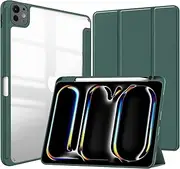 T Tersely Case Cover for iPad Pro 11-inch (M4 2024) with Pencil Holder, Slim Tablet Cover with Transparent Shockproof Hard Back, Protective Smart Sleep/Wakeup - Green