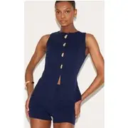 Navy Compact Knit Button through Waistcoat, Navy