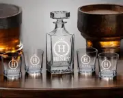 Personalized Whiskey Decanter Set with 4 Matching Glasses & Gift Box