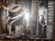 Horse, Boots, Hat & Rope Embossed Metal Sign