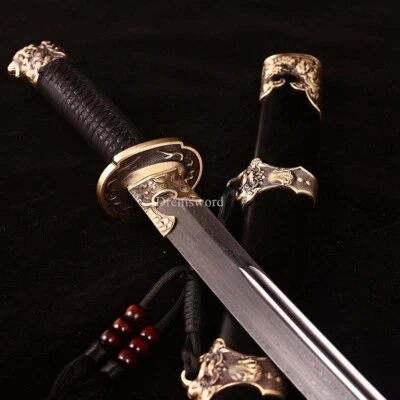 Damascus Folded Steel Qing Dao 刀 Chinese Traditional Broad Sword Ebony Saya