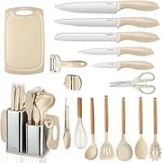 RAXCO 18Pieces Knife Sets for Kitchen with Block-7 Silicone Spaluta Set,6 Knife and Cutting Board Set,5 Kitchen Accessories(Khaki)