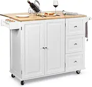 Giantex Kitchen Island Cart, Large Trolley Cart w/Drop-Leaf Tabletop, Large Cabinet, 3 Drawers, Spice Rack, Towel Rack, Rolling Serving Trolley Cabinet, Kitchen Island Trolley (White)