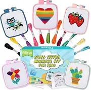 Pllieay 5PCS Cross Stitch Beginner Kit for Children 7-13, Includes 5 Project Patterned and 5pcs Square Embroidery Hoops, 11 Skeins, Needle Point Starter Kit Sewing Set with Instructions