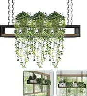 Ceiling Hanging Flower Stand Plant Pot Shelves Kitchen Storage Shelving, Plant Railing Shelf w/Solid Wood Board and Iron Frame for Window Wall Display Rack(140x25x15cm)