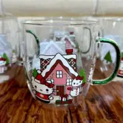 HELLO KITTY Christmas Glass Bistro MUG Gingerbread House Glitter Handle NEW