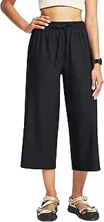 [FitsT4 Sports] Women's Hiking Trousers, Outdoor Trousers, 3/4 Wide Cut, Summer Hiking Capris, Lightweight Trekking Trousers, Breathable Drawstring, Black, XL