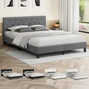 ALFORDSON Bed Frame Base King Size, Bed Platform Foundation with Linen Fabric Upholstered Tufted Headboard for Mattress Topper, Madelyn Fabric Grey