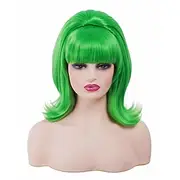 Short Wavy Green Wig with Bang Big Bouffant Beehive Wigs for Women fits 80s Costume or Halloween Party
