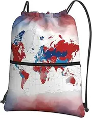 EdWal World Map Print Drawstring Backpack Gym Bags Sports Bags With Zipper Pocket For Travel Beach, Black, One Size
