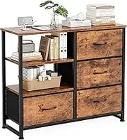 Miazya Chest of Dresser with Charging Station and Open Shelves, 4 Fabric Drawers Dresser with Wood Top, Storage Chest of Drawers for Living Room, Bedroom, Hallway Brown