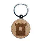 Castle Turret Tower Solid Engraved Wood Round Keychain Tag Charm