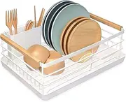BRIAN & DANY Stainless Steel Dish Drying Rack Over Sink for Kitchen 42×30×15cm, Dish Drainer w/Wooden Handle and Removable Thickened Cutlery Tray (White)