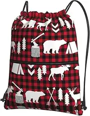 EdWal Cow Deer Tree Christmas Print Drawstring Backpack Gym Bags Sports Bags With Zipper Pocket For Travel Beach, Black, One Size