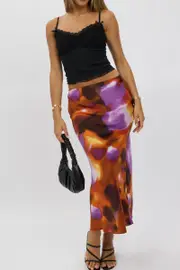 Multi Abstract Slip Skirt High Rise Elastic Waist Maxi - Size 16XL, Women's Midi Skirt