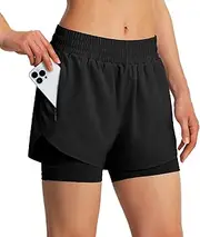 [Ksmien] Women's 2 in 1 Running Shorts Quick Dry Athletic Gym Workout Shorts with Liner Phone Pockets