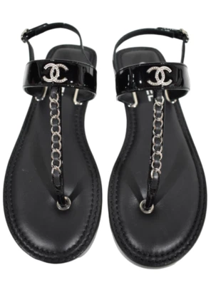 Chanel 22C Black Patent Silver Chain CC Logo Mule Slide Flat Thong Sandal 38.5