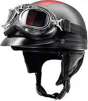 German Motorcycle Half Helmets,Vintage Motorcycle Helmet Skull Cap,DOT Approved Half Helmets for Adults Men and Women, Moped Helmet with Goggles and Comfortable Chin (Color : A, Size : 56-60CM)