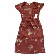 Leith Nordstrom Women XS Red Baroque Poppy Flare Floral Tie Midi Dress NEW Tags