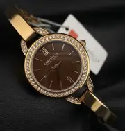 NWT Bulova Caravelle Rose Gold Bangle Crystal Brown Bezel Dainty Ladies Watch