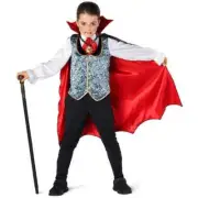 Kids Dracula Costume + Cane Boys Spooky Vampire Halloween Cape 3 - 14 yrs