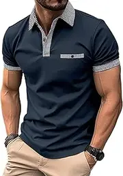 [Generic] Men's Performance Polo Shirts Short Sleeve Golf Shirts with Pocket Slim Fit Polo Casual Plaid Splice T-Shirts, Blue 1, Medium