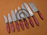 Custom Handmade Damascus Steel Kitchen Knife Set 8 Pieces With Leather Sheath
