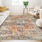 Living Room Rug, 140 x 200 cm, Boho Short Pile Living Room Rug, Large Rug for Dining Room, Bedroom, Washable Non-Slip Rugs, Artificial Wool Carpet, Orange