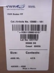 VWR Plastic 4000mL 4L Griffin Beakers Polypropylene Graduated 13890-181 4/CASE