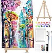 Bowetile Small Town Framed Paint by Numbers for Adults, Painting by Numbers Kit for Adults, Beginners Canvas Kit, DIY Acrylic Pigment Drawing Paintwork with Wooden Easel, 20x30 cm