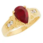 10k or 14k Yellow Gold Pear Shape Simulated Ruby Ladies Engagement Ring