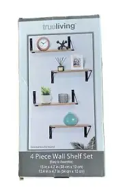 TrueLiving 4 Piece Wall Shelf Set Black Brackets Woodgrain Shelves Home Decor