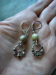 Celtic Claddagh Earrings Connemara Marble Beads 925 Sterling silver Irish