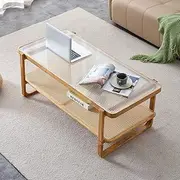 [NYEESS] Rattan Coffee Table with Tempered Glass Top, Rectangle Coffee Table for Living Room with Imitation Rattan Storage Shelf