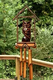 Wooden Handmade Owl House Bamboo Wind Chime Wood Bird Hoot Patio Garden Outdoor